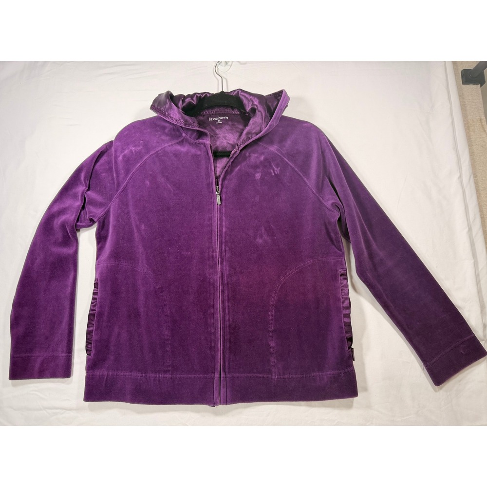 Liz Claiborne Velour Hoodie Women Medium Purple Zip Up Satin Lined‎ Hood
